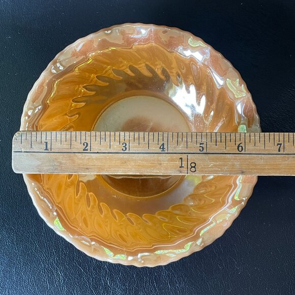 Vintage 50s Fire King Peach Lustre Swirl Pattern Ruffled Fluted Bowl - Picture 5 of 9